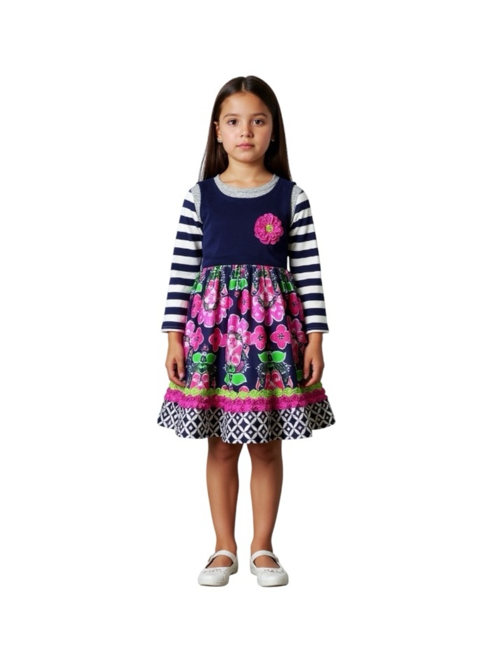 Navy & Pink Floral Stripe Girls' Casual Sweater Dress with Decorative Flower - Picture 3 of 14